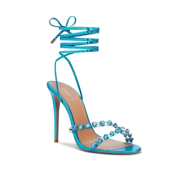 Metallic Turquoise Rhinestone Stilletto Heels Sandals EUC Size 40 9 - Picture 3 of 6